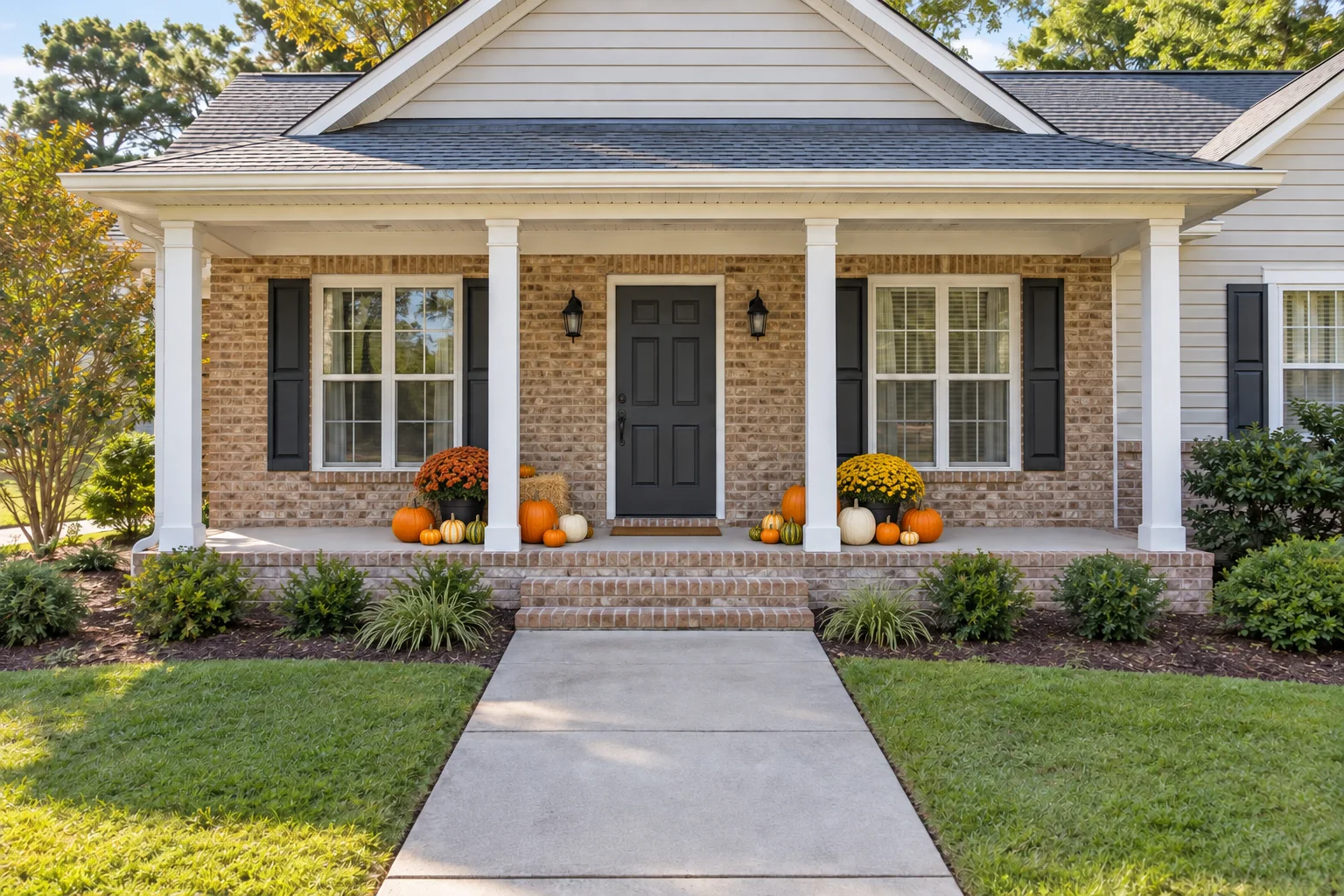 Autumn Accent design concept with two compact pumpkin and mum groupings beside clear front steps