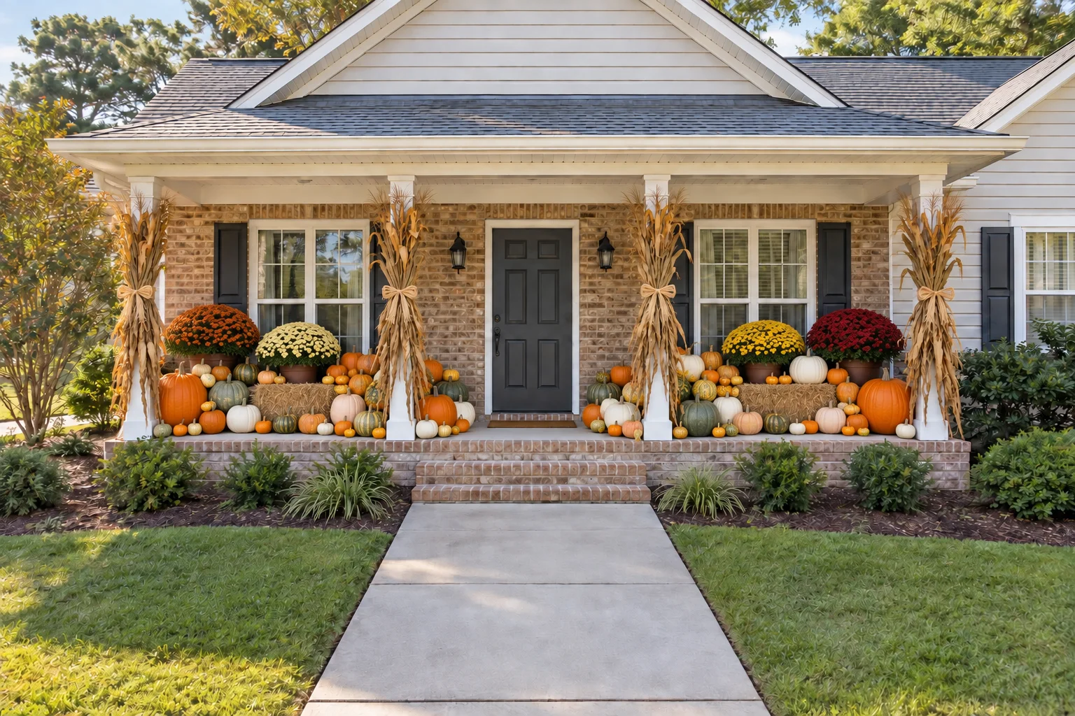 Full Harvest design concept filling the porch with layered pumpkins, mums, bales and four cornstalk bundles