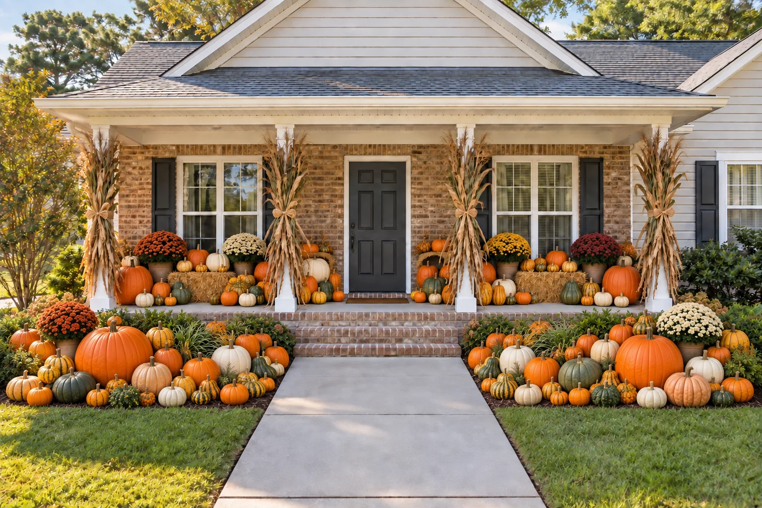 Grand Harvest design concept extending abundant pumpkins and mums across the porch and into both planting beds while keeping the walk clear