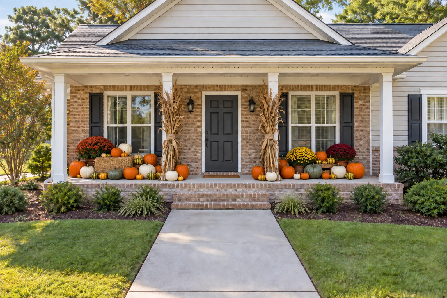 Harvest Home design concept with wider pumpkin and mum groupings framed by two cornstalk bundles